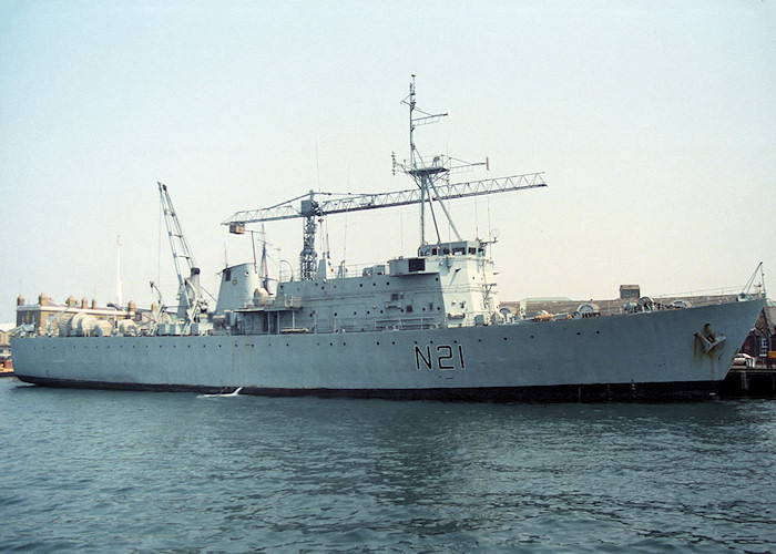 Photograph of the vessel HMS Abdiel pictured in Portsmouth Naval Base on 14th May 1988