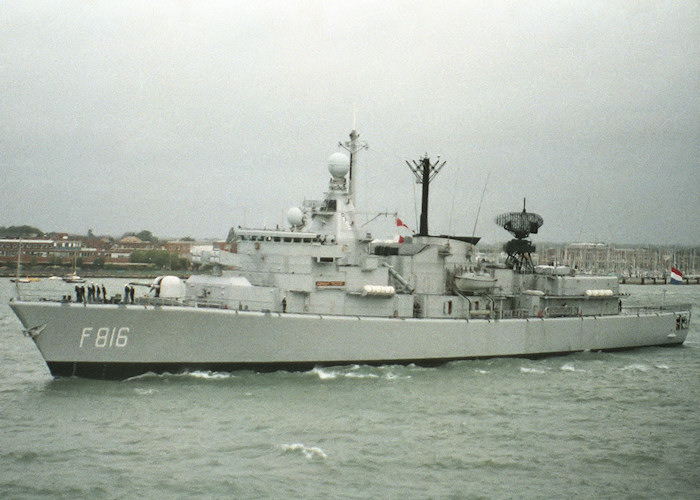 Photograph of the vessel HrMS Abraham Crijnssen pictured departing Portsmouth Harbour on 25th July 1988