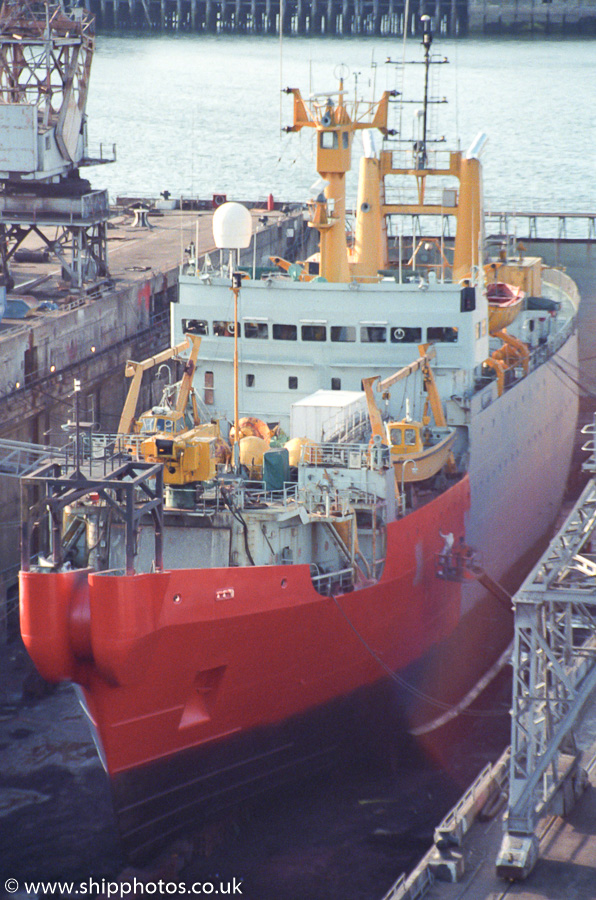 Photograph of the vessel  C.S. Iris pictured in dry dock in Falmouth on 26th July 1989