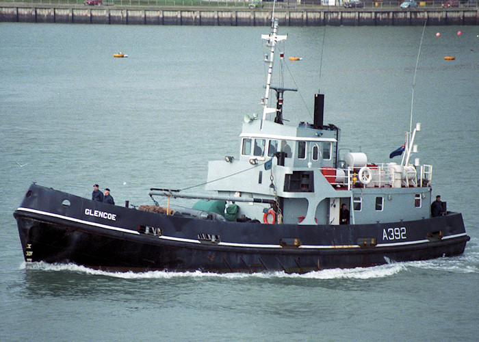 Photograph of the vessel XSV Glencoe pictured departing Portsmouth Harbour on 14th February 1988