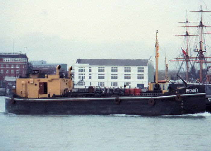 Photograph of the vessel RMAS 1504(F) pictured under tow in Portsmouth Harbour on 18th December 1987