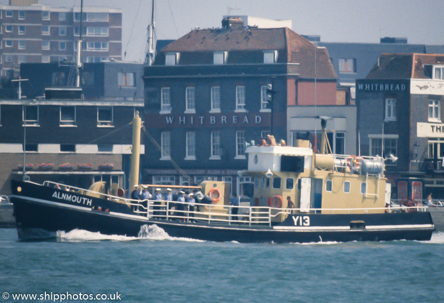 Photograph of the vessel RMAS Alnmouth pictured arriving in Portsmouth Harbour on 5th August 1989