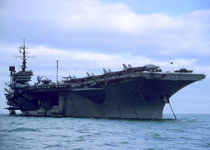 Photograph of the vessel USS America pictured at anchor in the Solent on 23rd September 1991