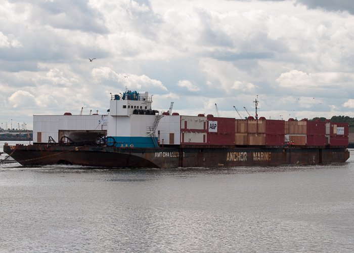 Photograph of the vessel  AMT Challenger pictured departing the River Tyne under tow on 24th August 2014