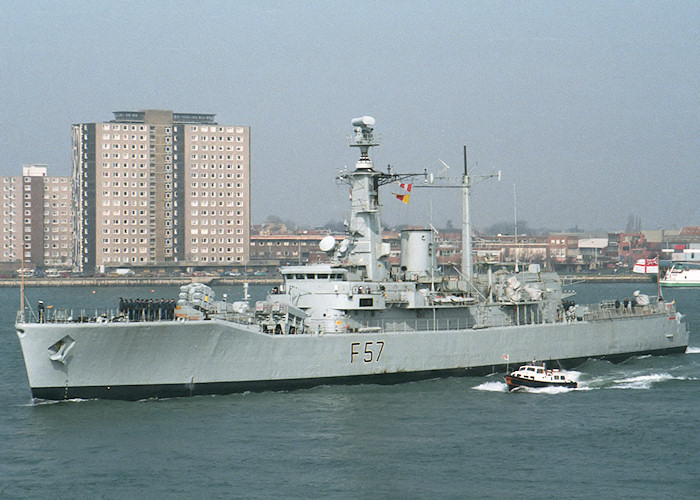 HMS Andromeda pictured departing Portsmouth Harbour on 12th April 1988