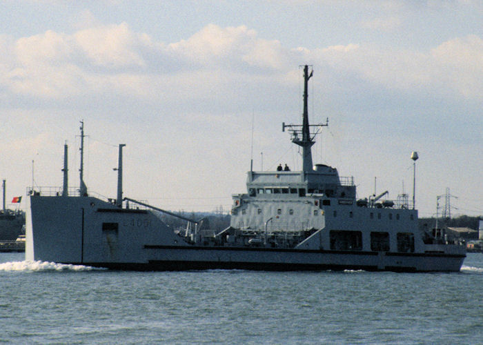 HMAV Ardennes pictured departing Southampton on 4th November 1990