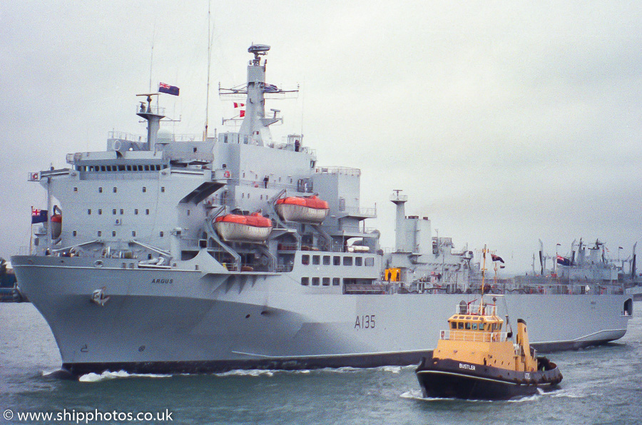 Photograph of the vessel RFA Argus pictured departing Portsmouth Harbour on 2nd June 1988
