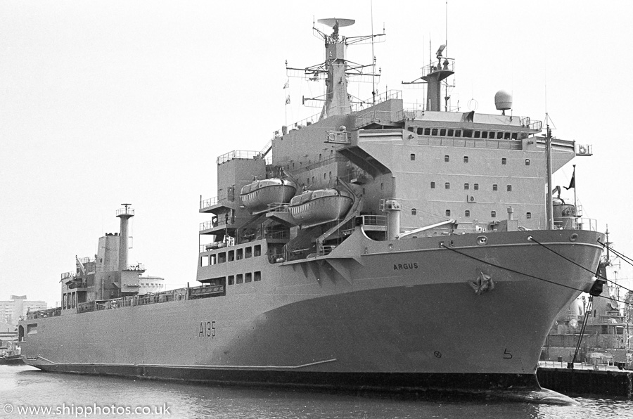 Photograph of the vessel RFA Argus pictured in Portsmouth Naval Base on 20th May 1989