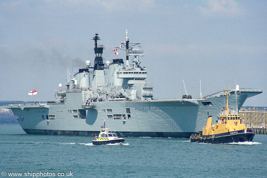 HMS Ark Royal pictured departing Portsmouth Harbour on 2nd September 2002