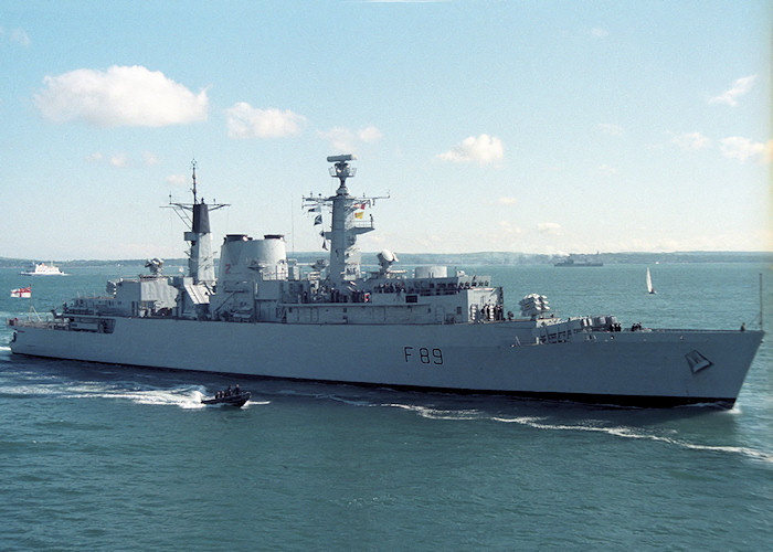 HMS Battleaxe pictured entering Portsmouth Harbour on 26th May 1988
