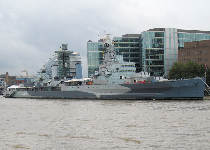 HMS Belfast pictured in the Pool of London on 21st October 2009