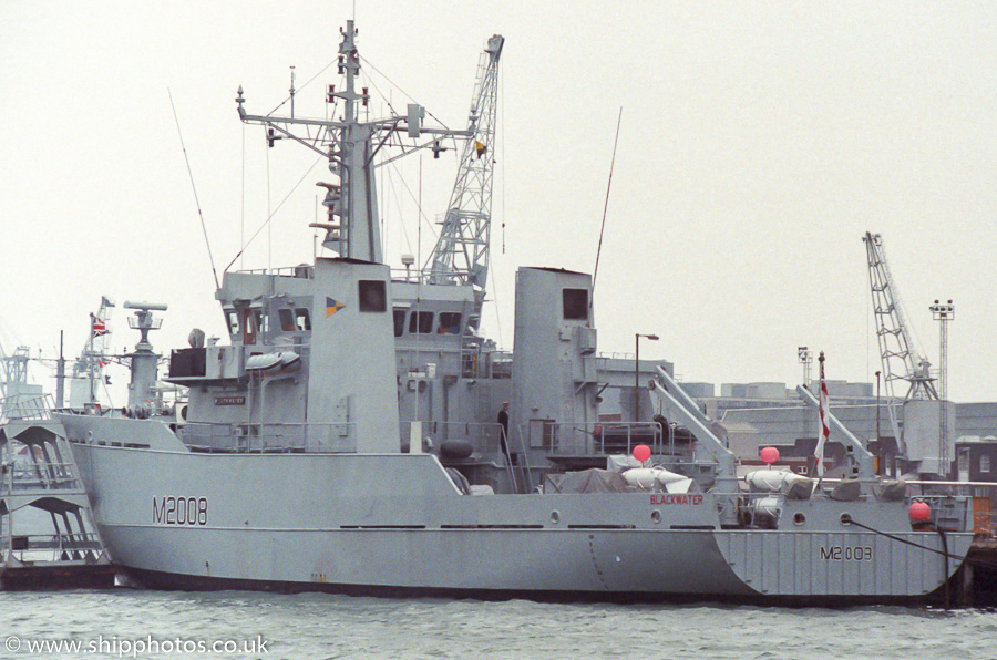 Photograph of the vessel HMS Blackwater pictured in Portsmouth Naval Base on 5th July 1989