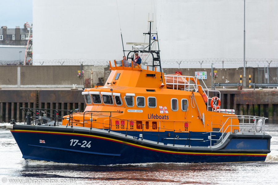 Photograph of the vessel RNLB Bon Accord pictured departing Aberdeen on 27th May 2019
