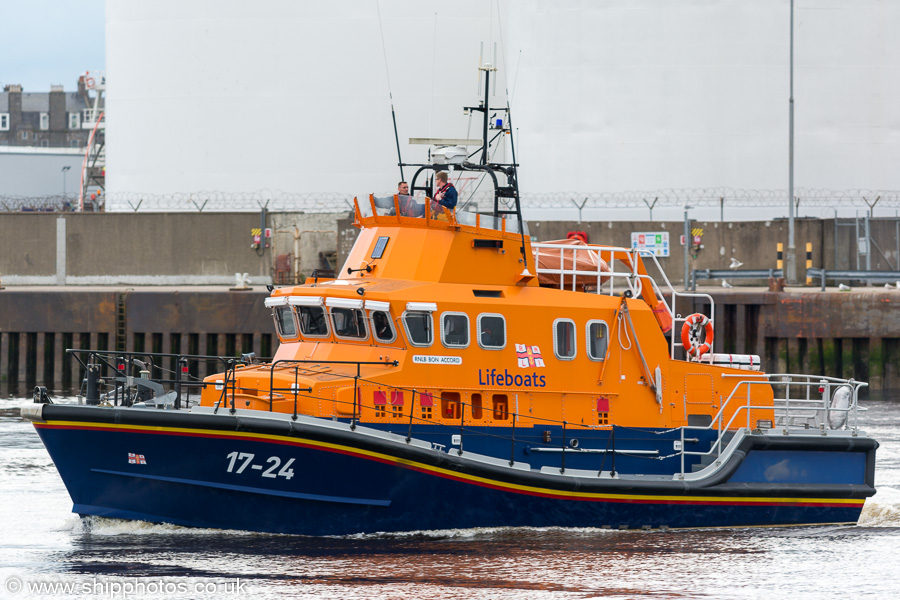 Photograph of the vessel RNLB Bon Accord pictured departing Aberdeen on 27th May 2019