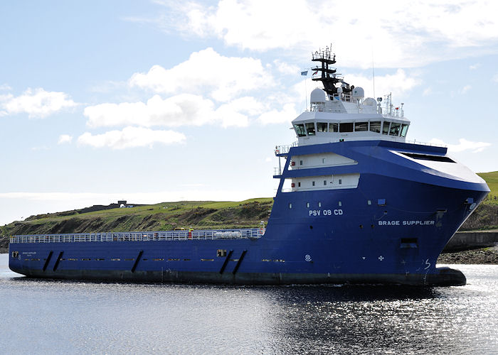 Photograph of the vessel  Brage Supplier pictured arriving at Aberdeen on 13th May 2013