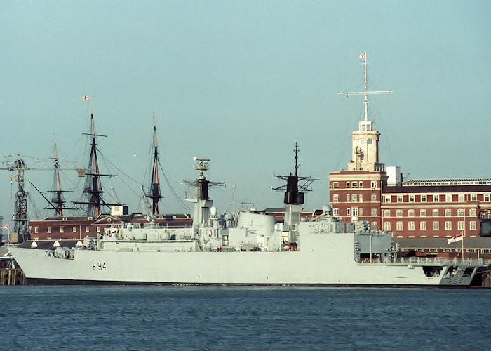 HMS Brave pictured in Portsmouth Naval Base on 14th February 1988