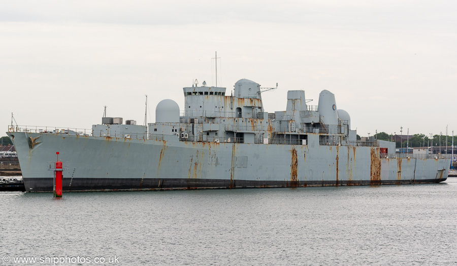 Photograph of the vessel HMS Bristol pictured laid up in Portsmouth Naval Base on 8th July 2023