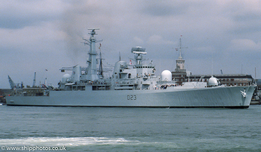 HMS Bristol pictured departing Portsmouth Harbour on 8th August 1987