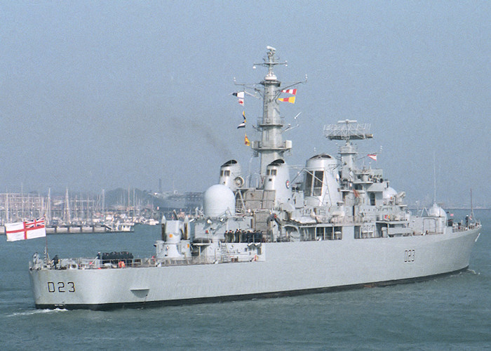 Photograph of the vessel HMS Bristol pictured entering Portsmouth Harbour on 12th April 1988