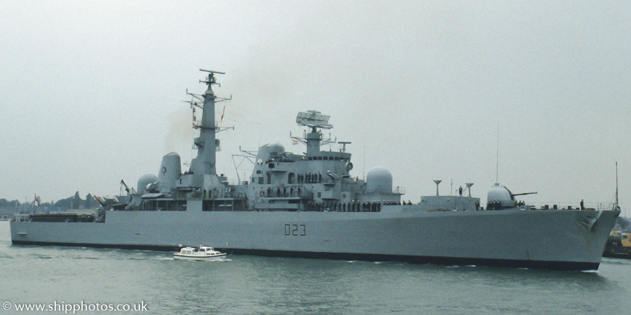 HMS Bristol pictured arriving in Portsmouth Harbour on 5th July 1989