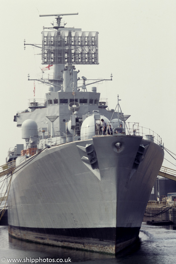 HMS Bristol pictured laid up in Portsmouth Naval Base on 3rd July 2005