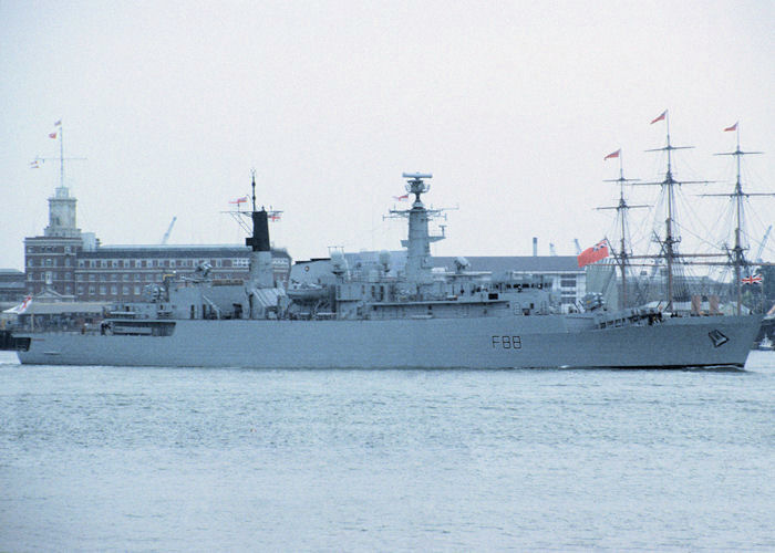 Photograph of the vessel HMS Broadsword pictured departing Portsmouth Harbour on 27th July 1990