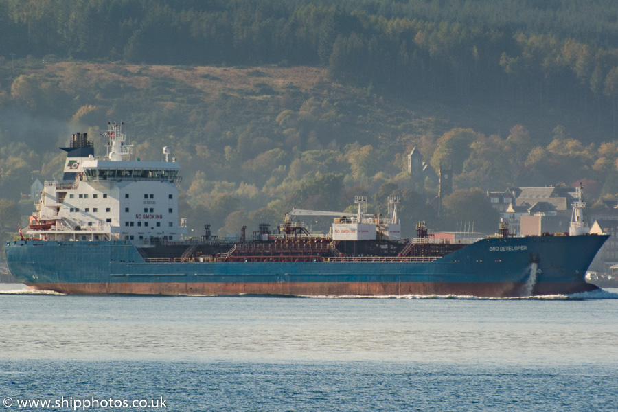Photograph of the vessel  Bro Developer pictured approaching Finnart on 17th October 2015