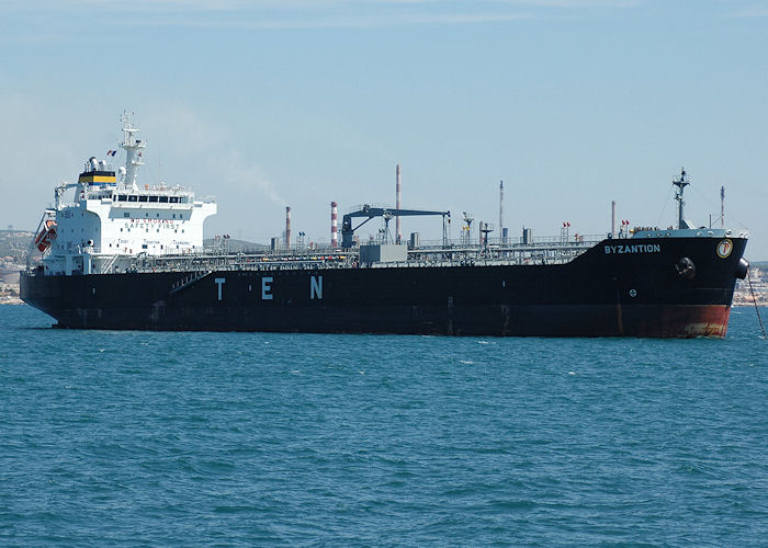 Photograph of the vessel  Byzantion pictured at anchor in the Golf de Fos on 10th August 2008