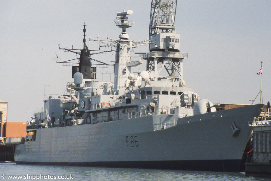 HMS Campbeltown pictured in Portsmouth Naval Base on 18th June 1989