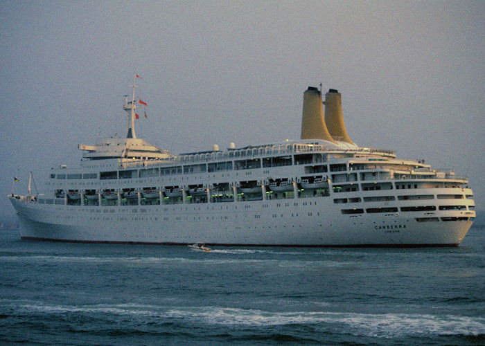  Canberra pictured departing Southampton on 21st April 1990