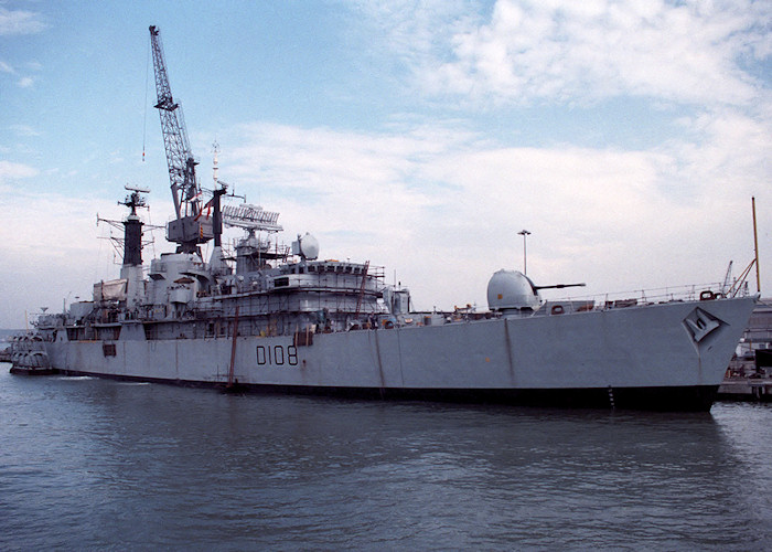 HMS Cardiff pictured in Portsmouth Naval Base on 26th October 1988