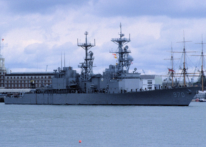 USS Caron pictured departing Portsmouth Harbour on 18th April 1995