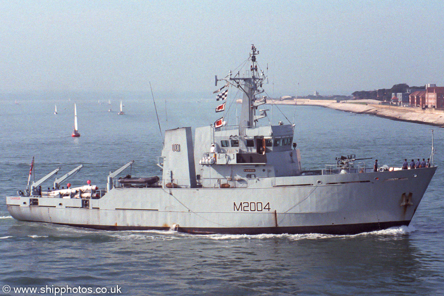 Photograph of the vessel HMS Carron pictured arriving in Portsmouth Harbour on 24th September 1989