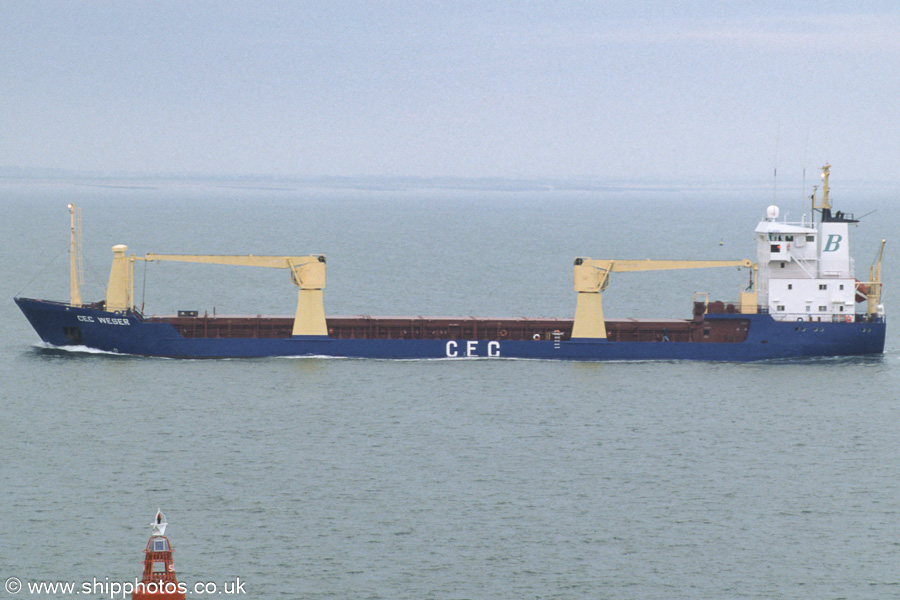 Photograph of the vessel  CEC Weser pictured on the Westerschelde passing Vlissingen on 22nd June 2002