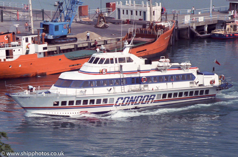 Photograph of the vessel  Condor 7 pictured arriving at Weymouth on 25th July 1989