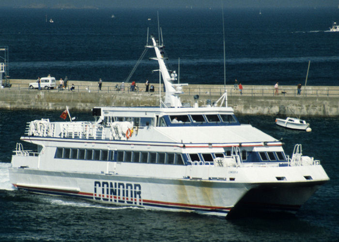Photograph of the vessel  Condor 8 pictured arriving at Saint Malo on 12th July 1990
