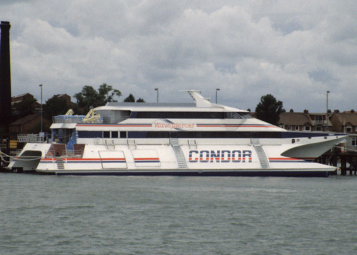 Photograph of the vessel  Condor 9 pictured fitting out in Fareham Creek on 24th June 1990