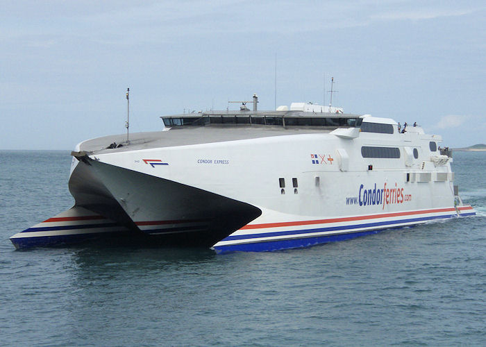 Photograph of the vessel  Condor Express pictured arriving at St. Peter Port on 18th June 2008