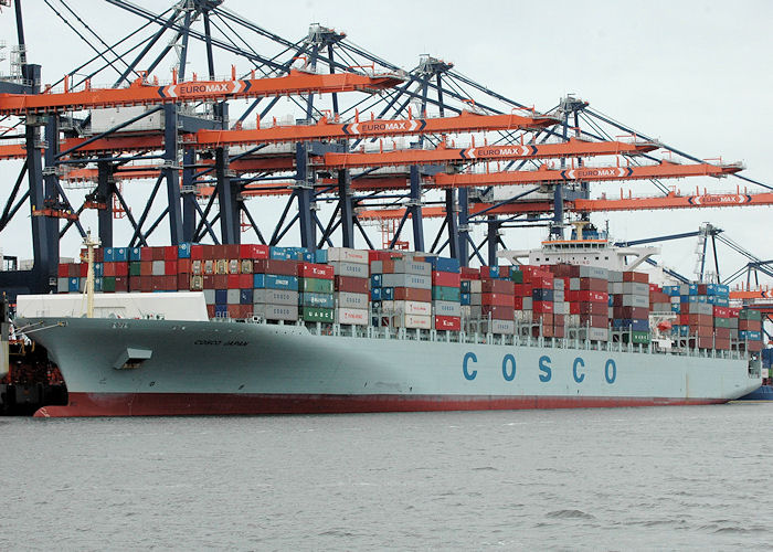 Photograph of the vessel  Cosco Japan pictured in Yangtzehaven, Europoort on 20th June 2010
