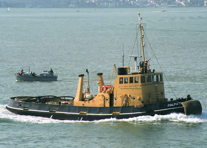 Photograph of the vessel RMAS Dalmatian pictured at the entrance to Portsmouth Harbour on 1st April 1988