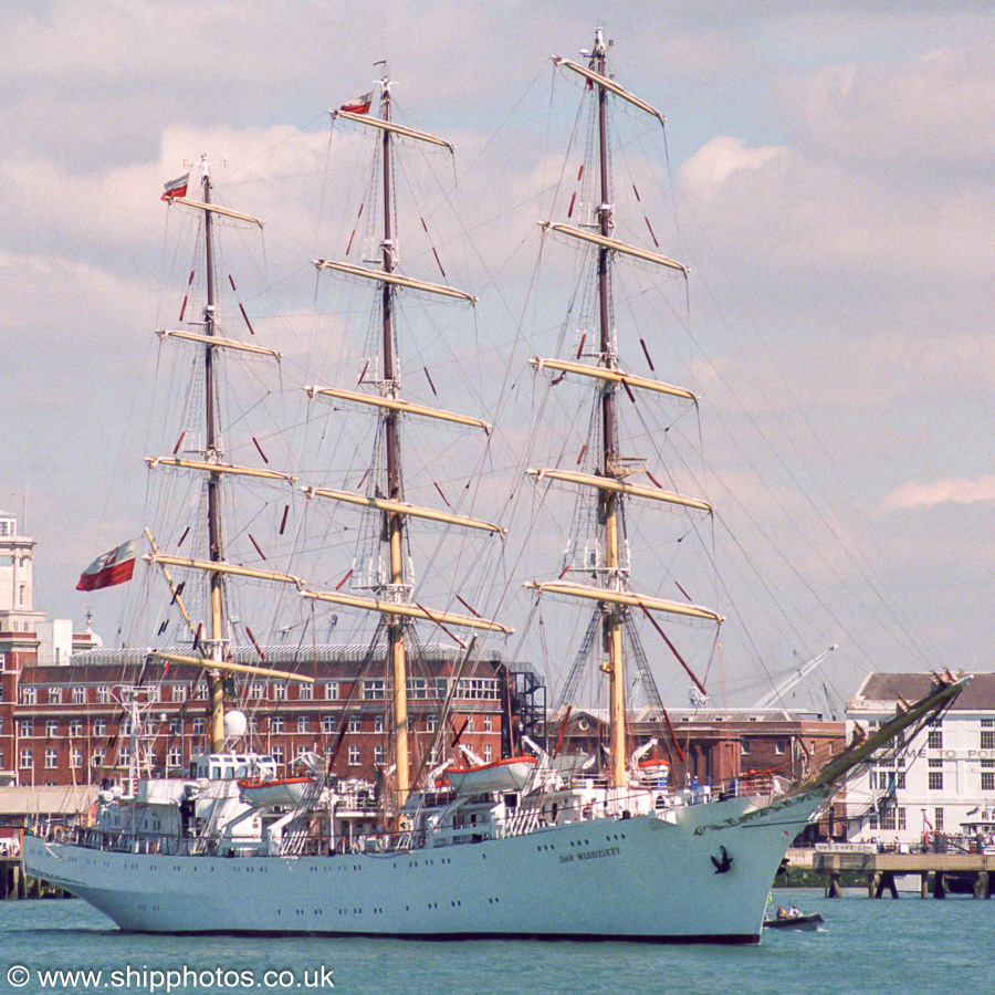 Photograph of the vessel  Dar Mlodziezy pictured departing Portsmouth on 28th August 2001
