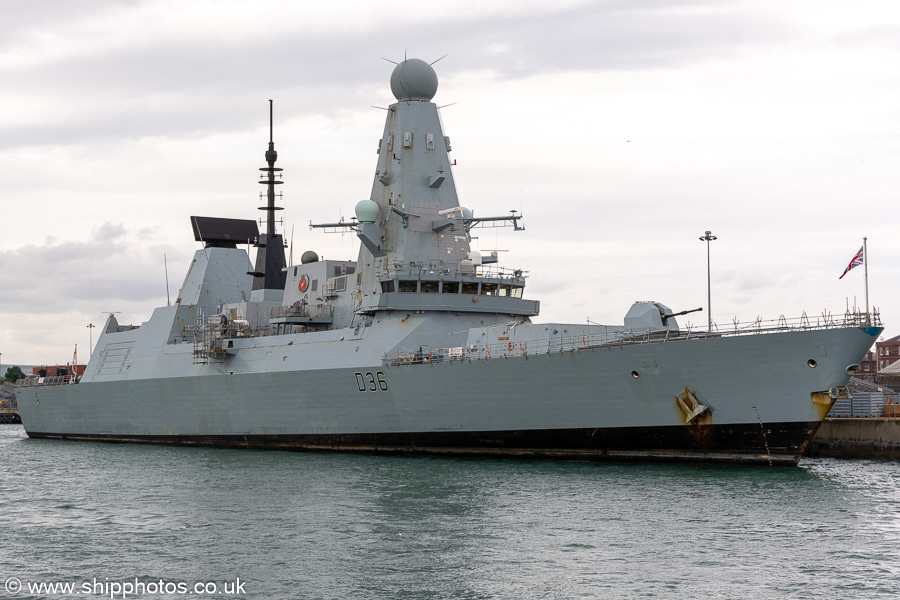 Photograph of the vessel HMS Defender pictured in Portsmouth Naval Base on 8th July 2023