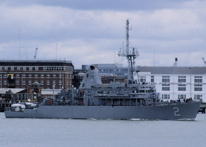 Photograph of the vessel USS Defender pictured departing Portsmouth Harbour on 18th April 1995
