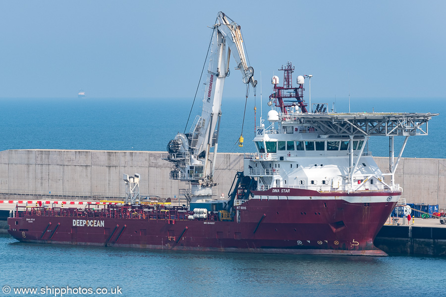 Photograph of the vessel  Dina Star pictured at Dunnottar Quay, Aberdeen South Harbour on 20th March 2025