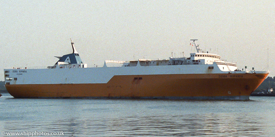 Photograph of the vessel  Dora Riparia pictured arriving at Southampton on 27th May 1989