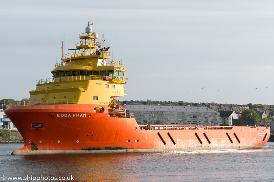 Photograph of the vessel  Edda Fram pictured departing Aberdeen on 22nd May 2015