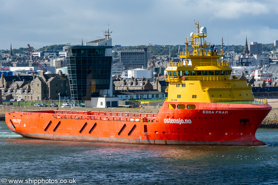Photograph of the vessel  Edda Fram pictured departing Aberdeen on 10th September 2024