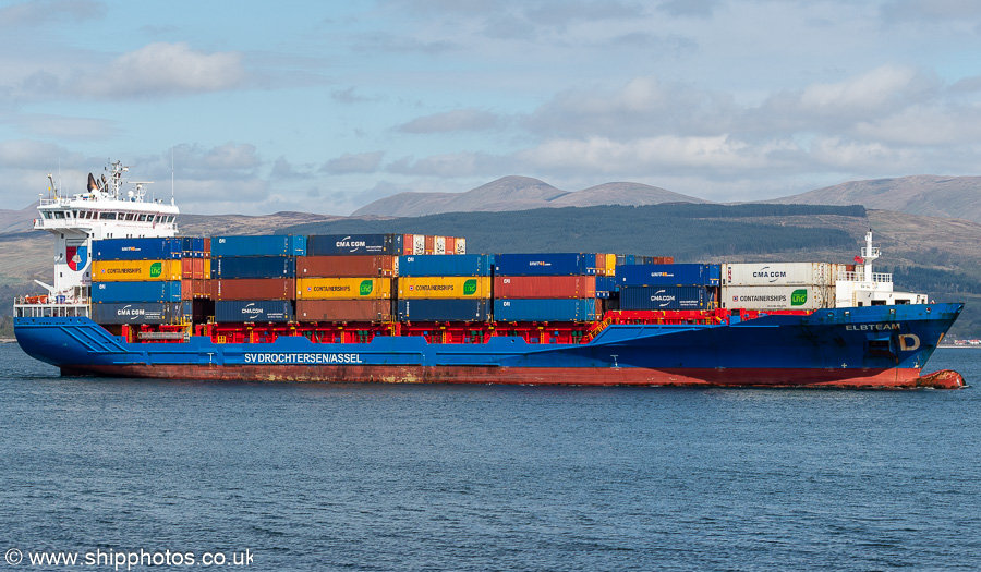 Photograph of the vessel  Elbteam pictured approaching Greenock Ocean Terminal on 20th April 2025