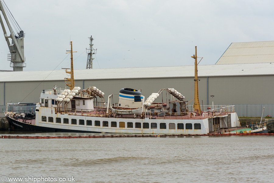 Photograph of the vessel  Endeavour pictured partially sunk in Canada Dock, Liverpool on 3rd August 2019