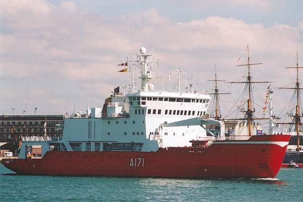 HMS Endurance pictured departing Portsmouth on 28th August 2001